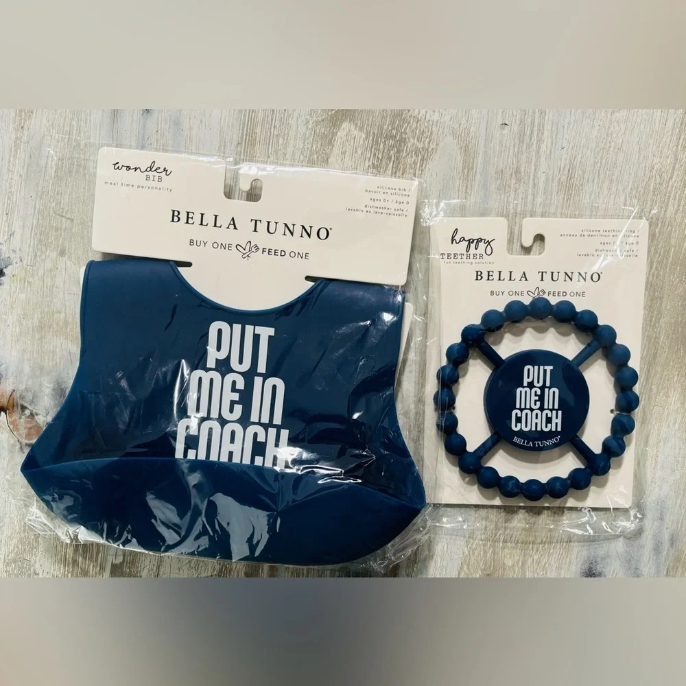 Bella Tunno Baby Bib and Teether Set “Put Me in Coach.”